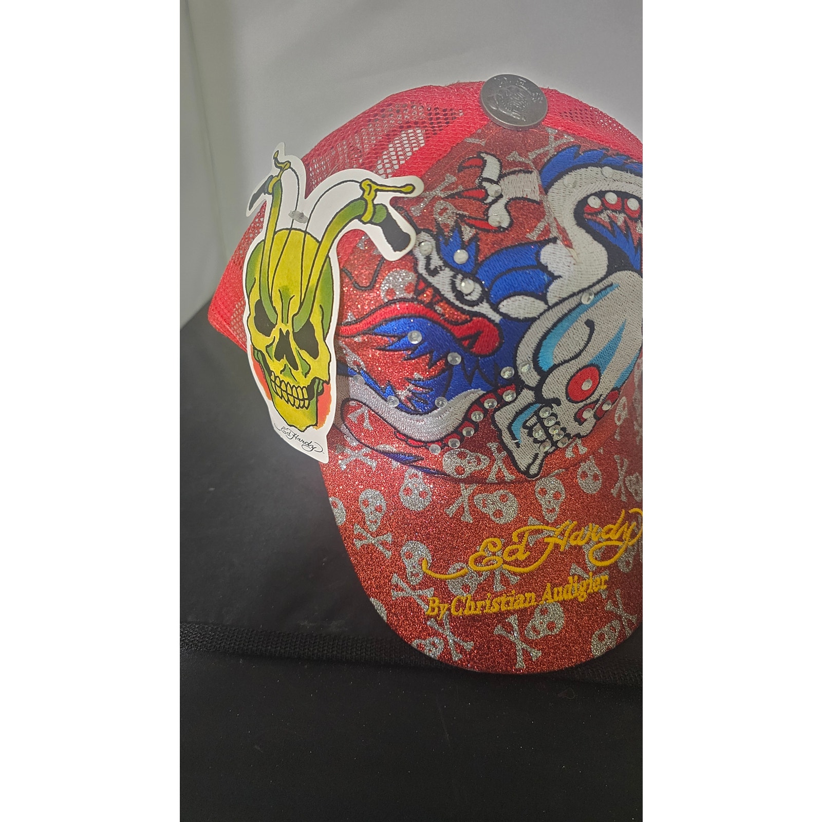 Vtg ed hardy hat rhinestone Brown SnapBack Mesh Skull