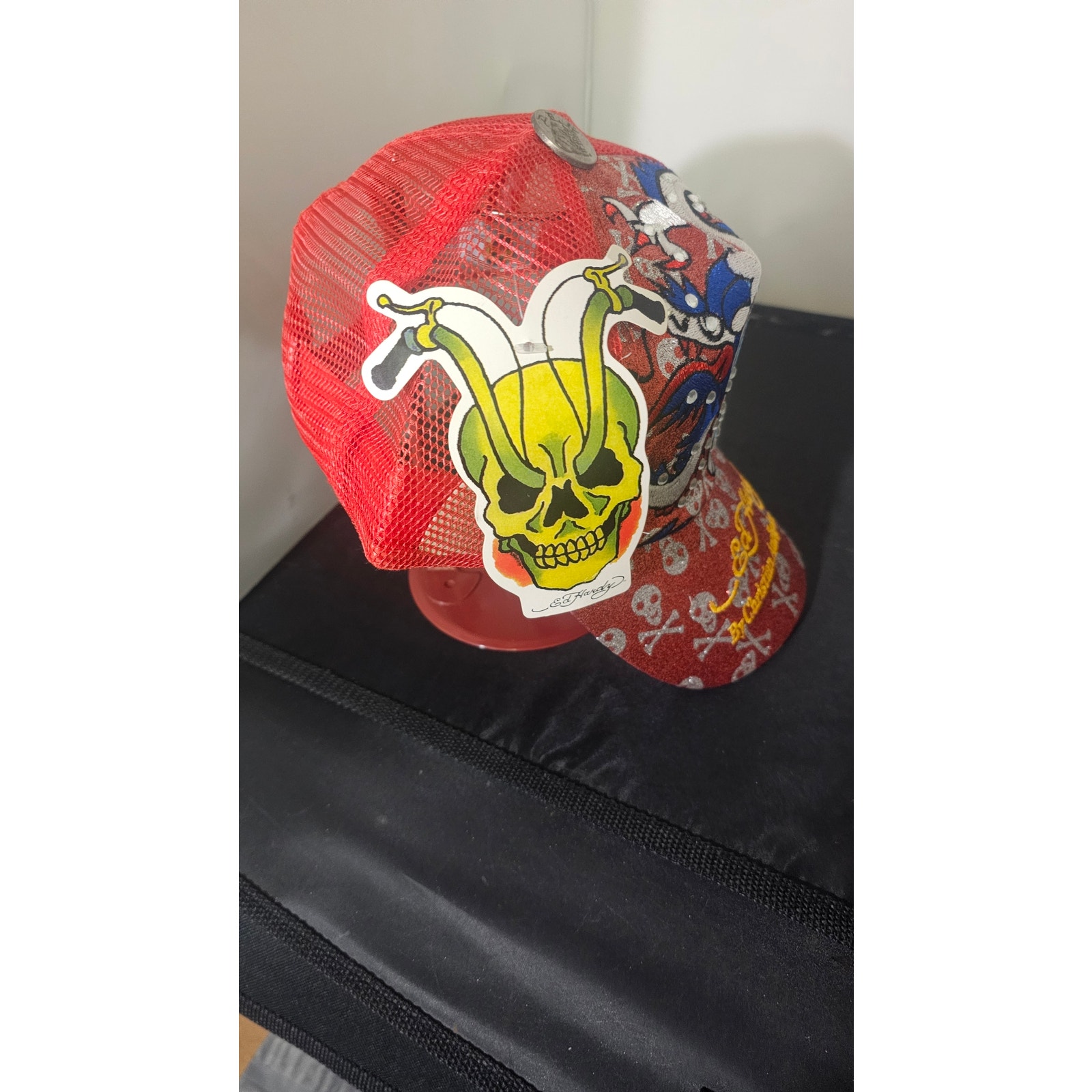 Vtg ed hardy hat rhinestone Brown SnapBack Mesh Skull