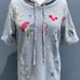 JOHNNY WAS CLEO FRENCH TERRY GREY EMBROIDERED SHORT SLEEVE HOODIE SIZE X/SMALL