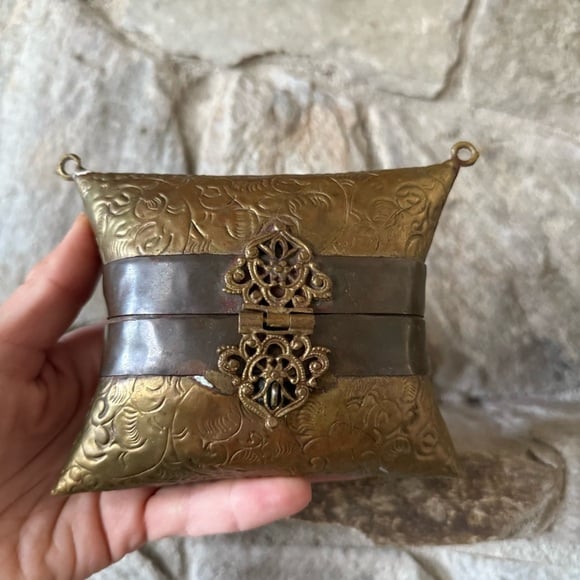 Antique Ornate Copper & Brass Pillow Purse w/ Velvet Lining