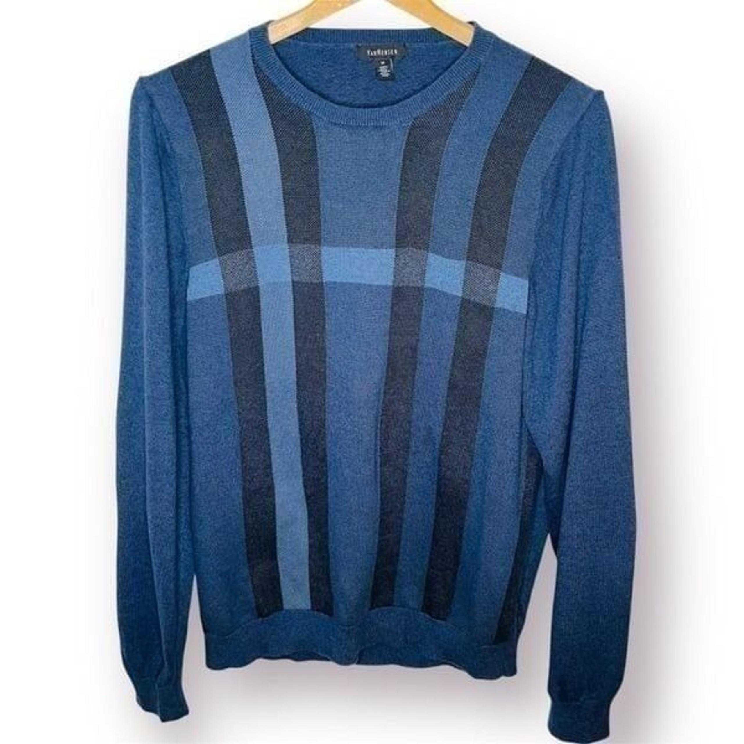 Van Heusen Mens Long Sleeve Blue Cotton Crewneck Sweater Stripe Plaid M