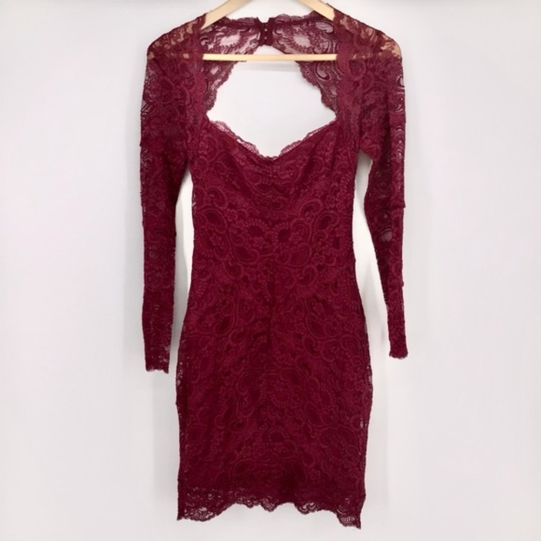 Nicole Miller Lace Long Sleeve Burgundy Dress Size Small