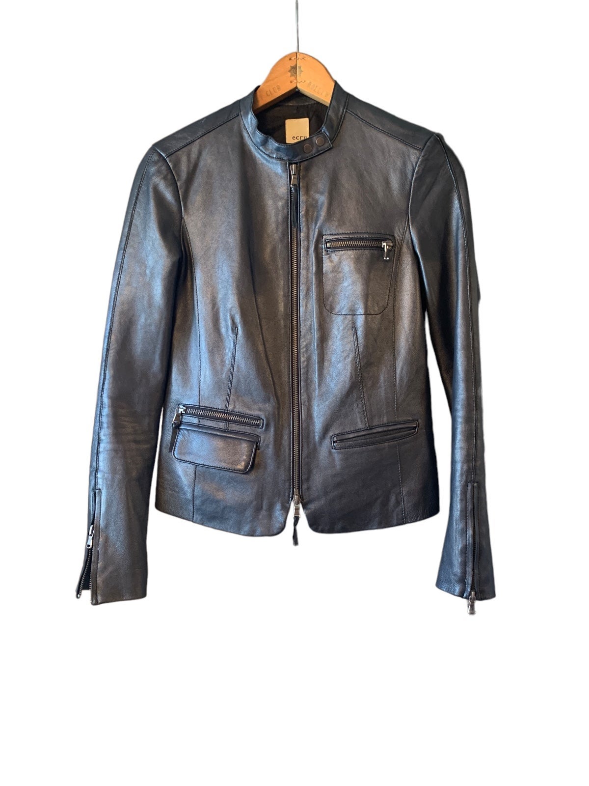 Ecru Moto/Racer style leather jacket in midnight blue XS