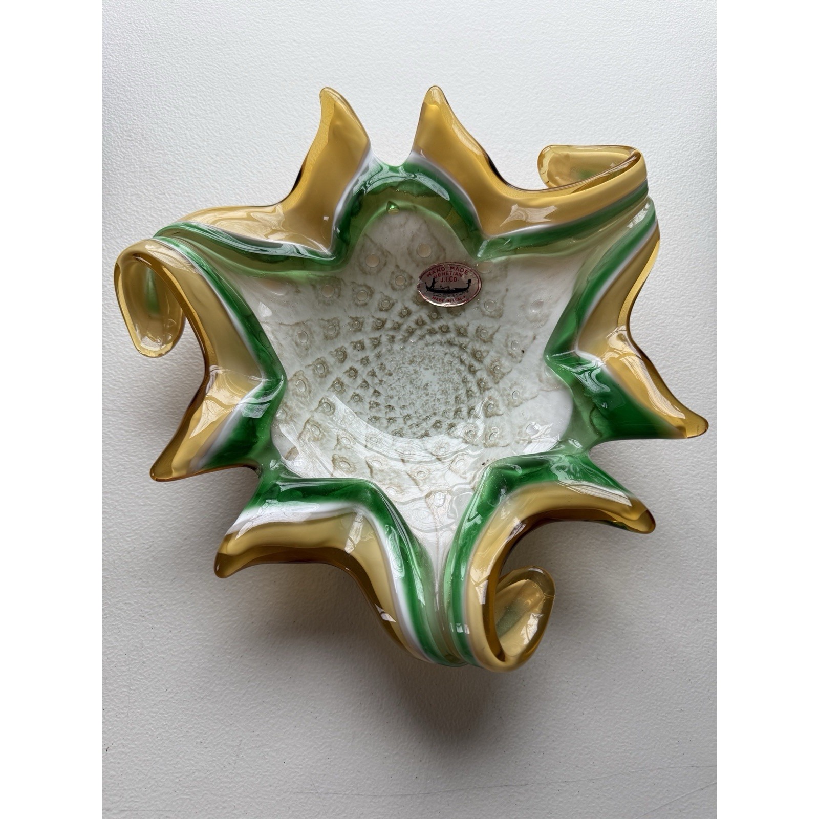 Vintage JICO Imports Murano Art Glass Bowl Gold Adventurine 10.4 D Green Yellow