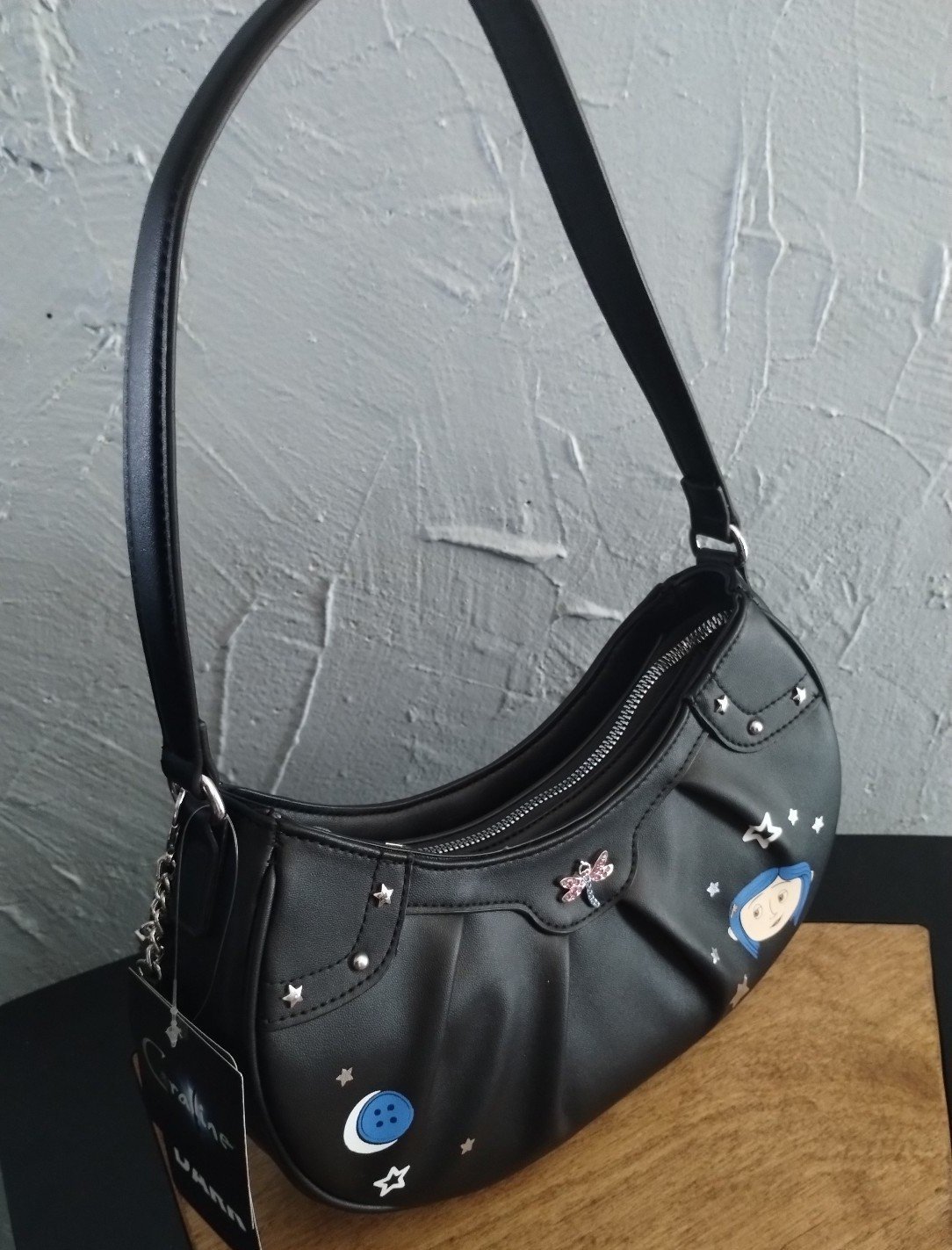 Coraline Key Chain Glow-In-The-Dark Black Baguette Shoulder Bag Purse NWT