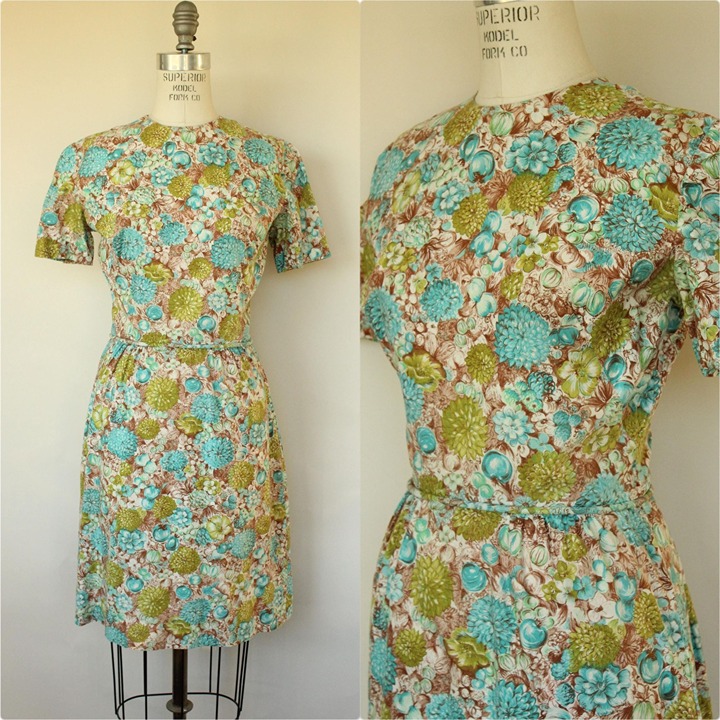 Vintage 1960s Wiggle Dress, Green and Blue and Brown Floral and Fruit Print