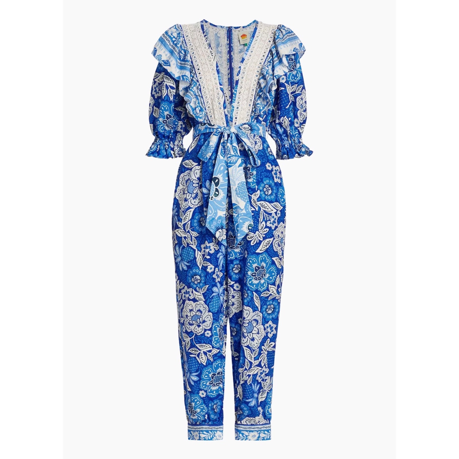 Farm Rio NWT Full Of Flowers Plunge Neck Linen Jumpsuit Crochet & Lace XS