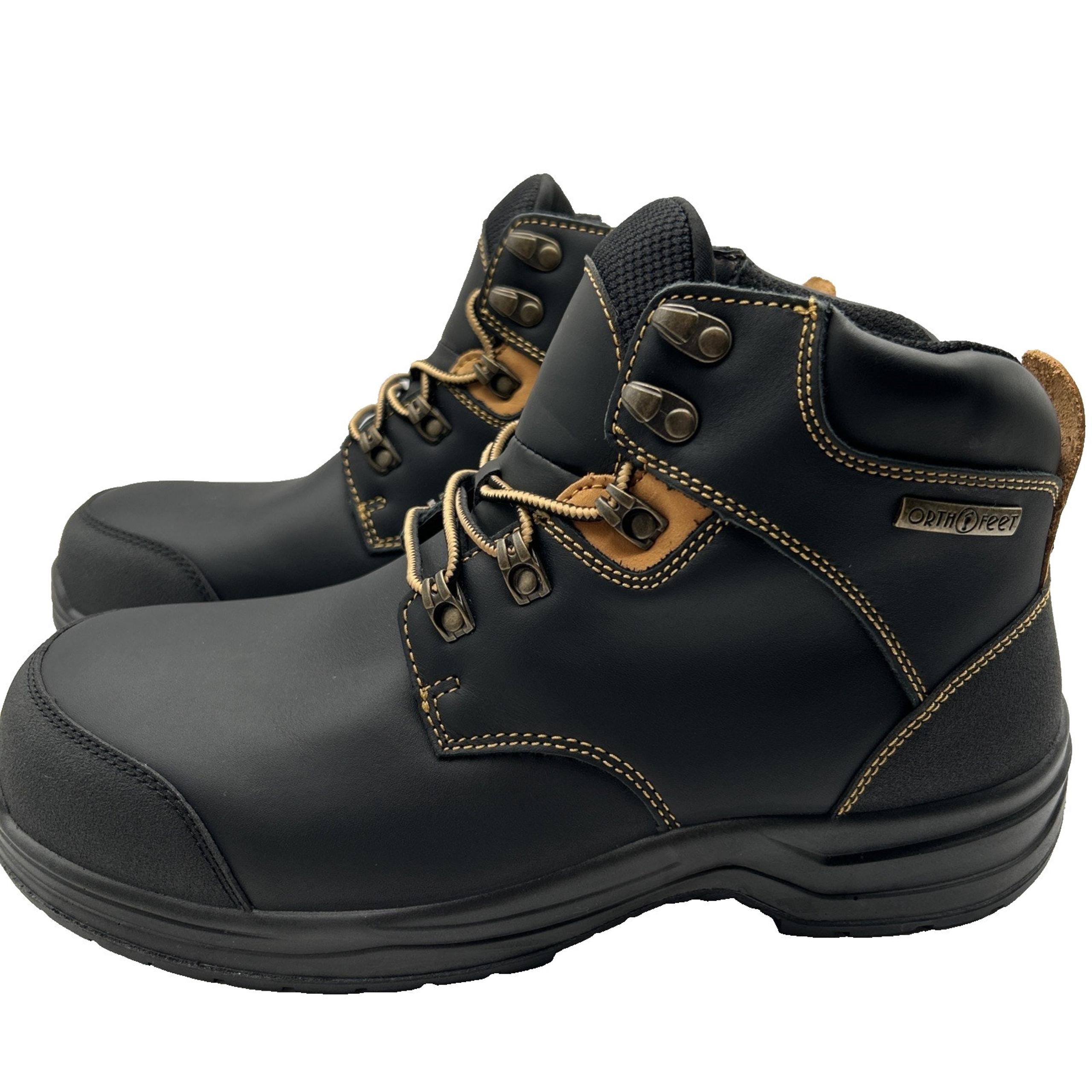 OrthoFeet Men"s Granite Work Boots US 11 Extra Wide 4E Black Toe Water Resistant