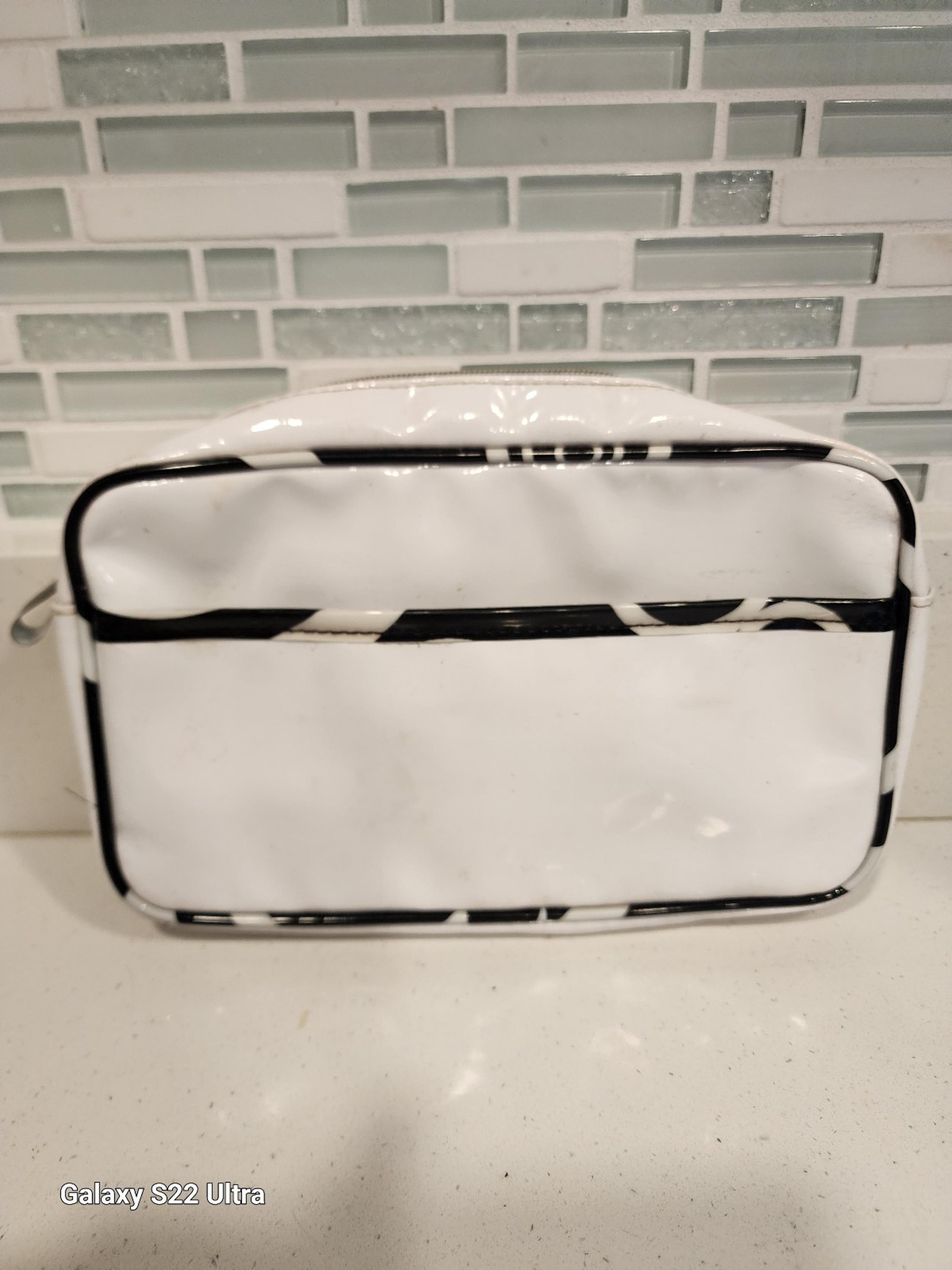 LANCOME white patent leather makeup bag