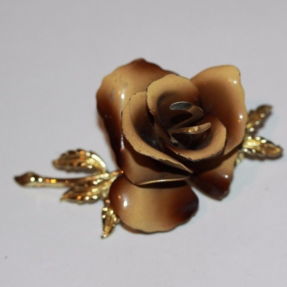 Vintage CORO Brown ROSE Flower Pin Enamel Brooch 3 Dimensional Signed