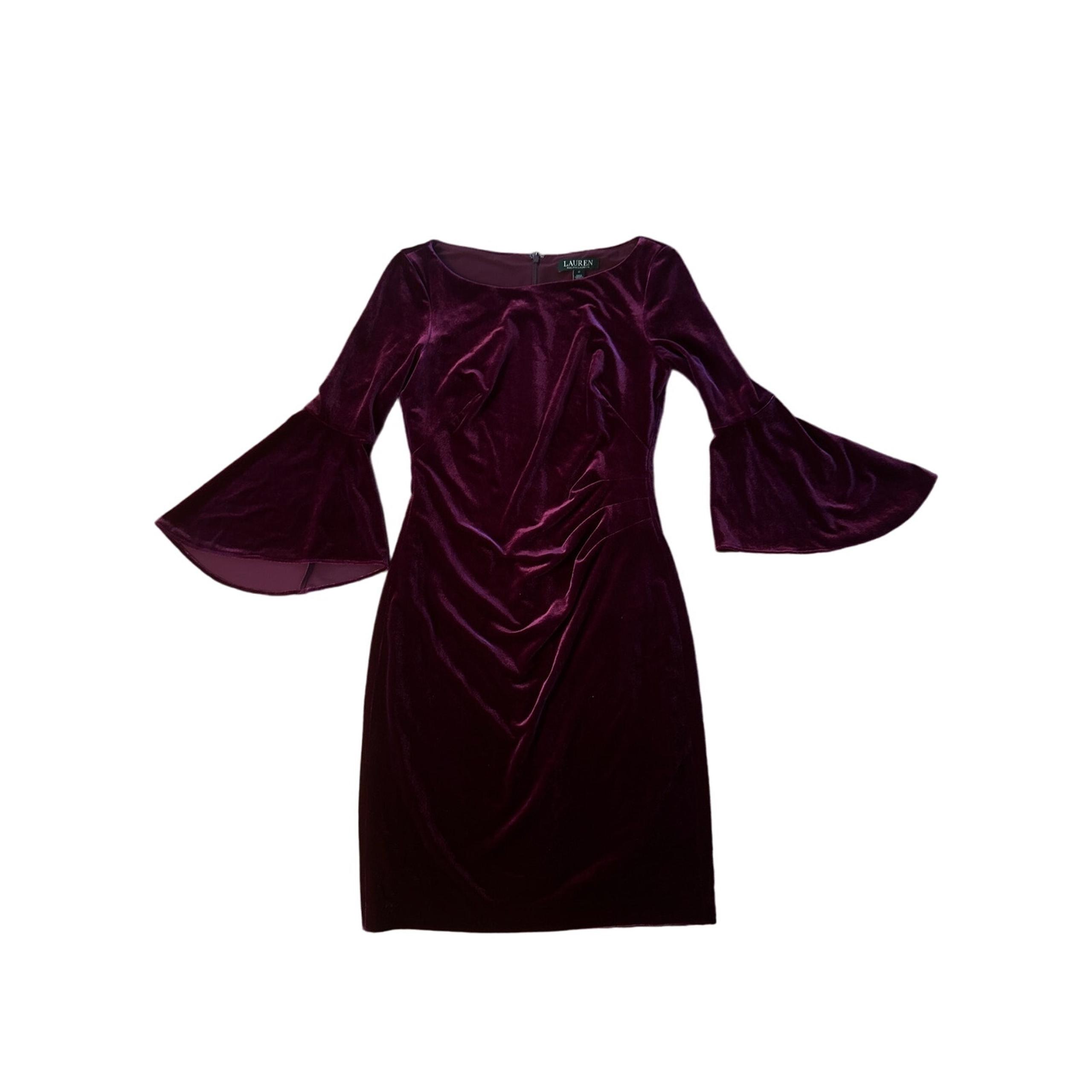 Women 0 Lauren by Ralph Lauren Tarlona Velvet Bell Sleeve Purple Sheath Dress