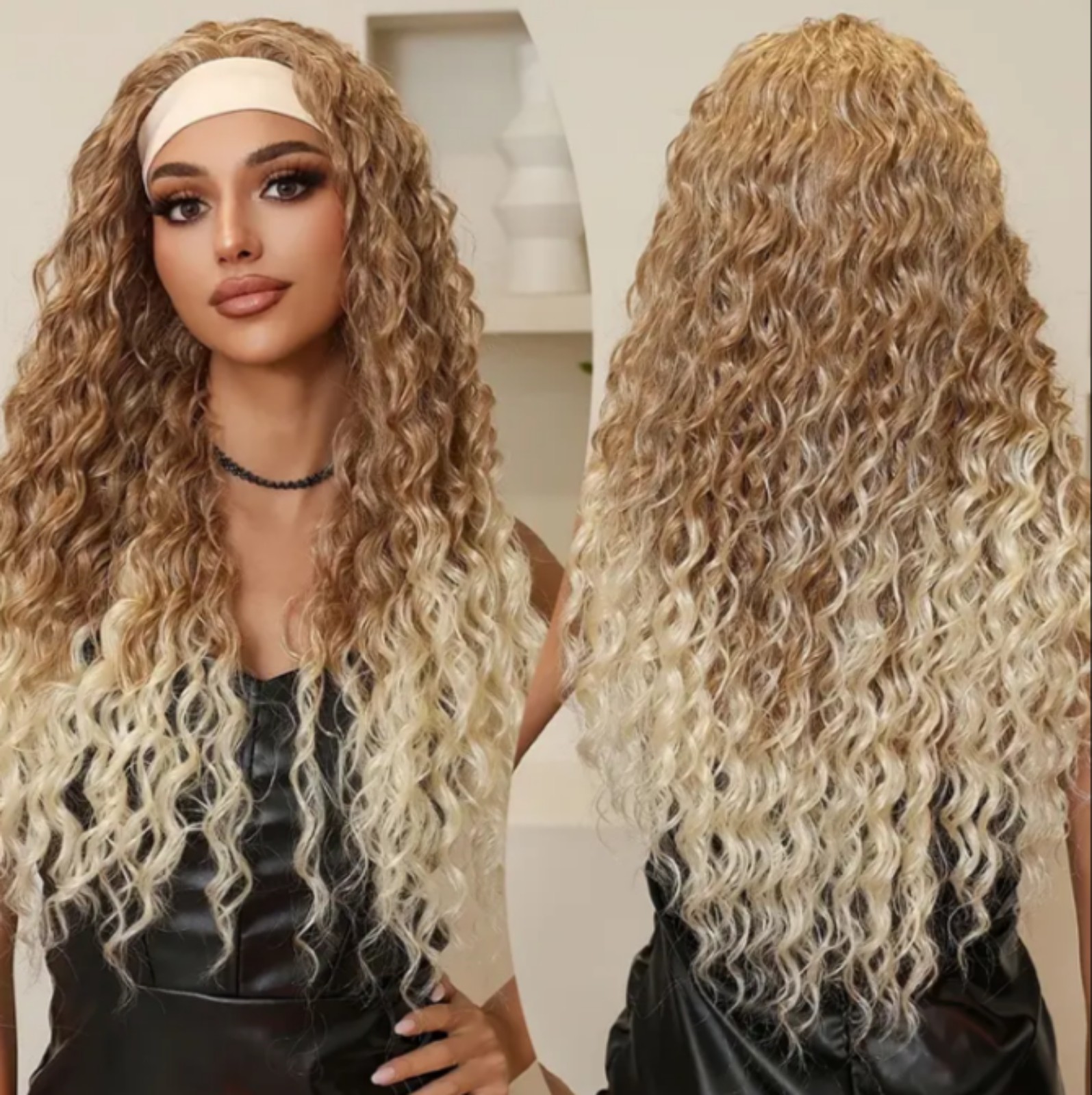 Ombre Color Brown And Blonde Deep Wave Headband Hair Wig 24 Inch Synthetic Hair