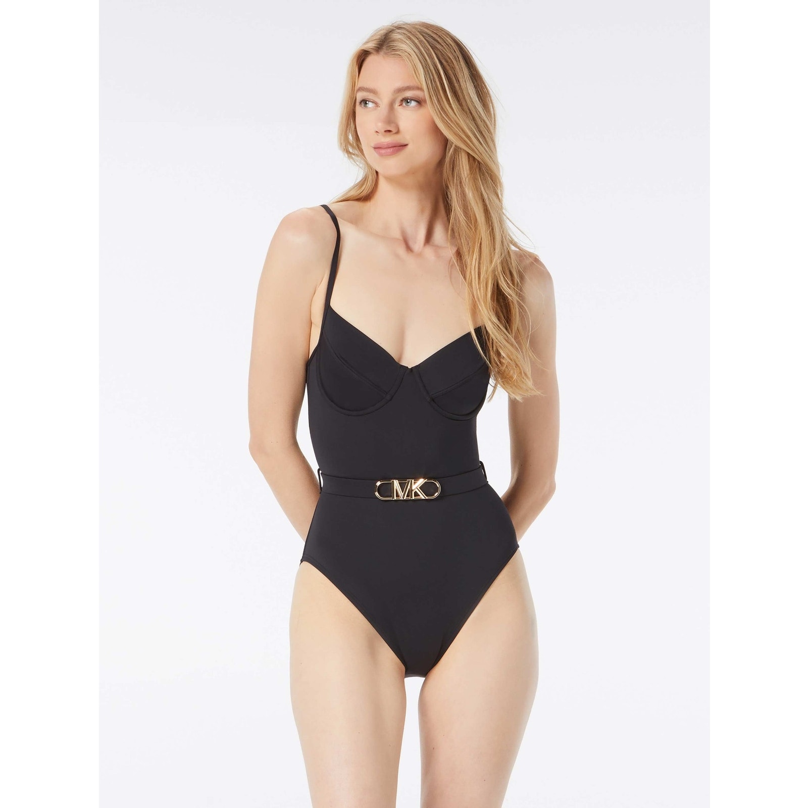 MICHAEL Michael Kors Black Underwire Gold Logo Belt One Piece Swimsuit Size 6