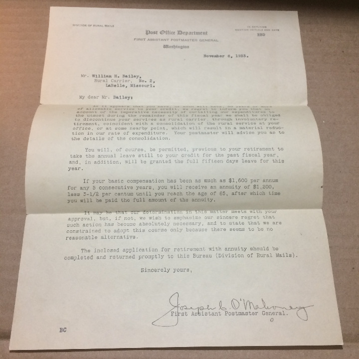 Vtg Ephemera 1933 Post Office Department Bailey LaBelle Retirement