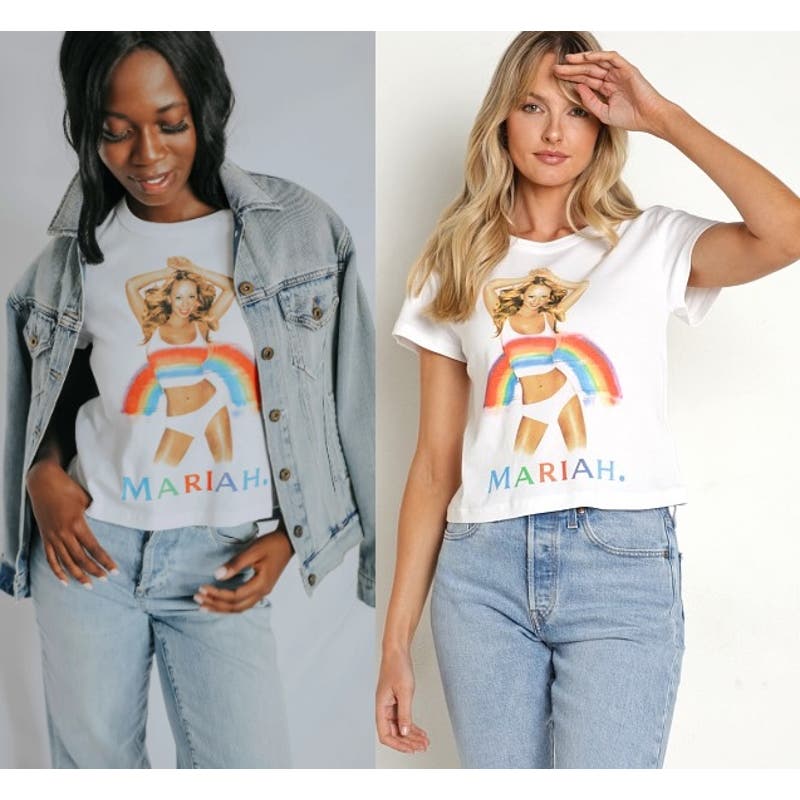 NEW Daydreamer Mariah Carey Rainbow Shrunken Tee Optic White Women's Size XS
