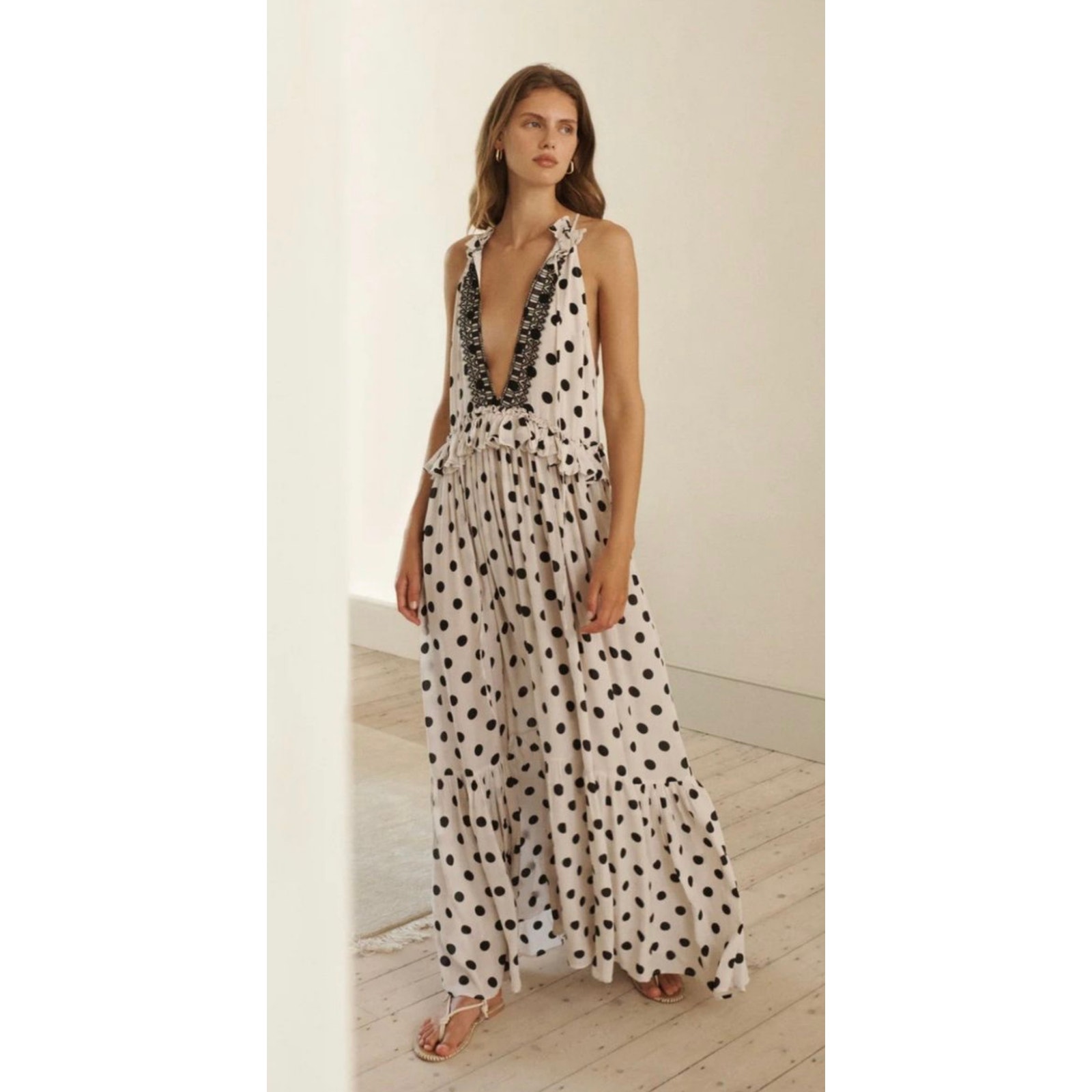 Evarae Alegra Dress in White and Polka Dot with Lace Trim Maxi Gown MSRP 500