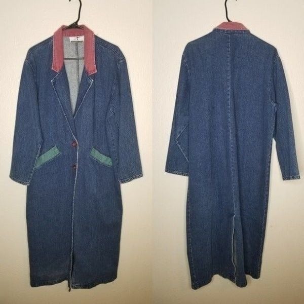 Vintage 70s Colorblock Blue Green Pink Denim Jean Jacket Duster Medium