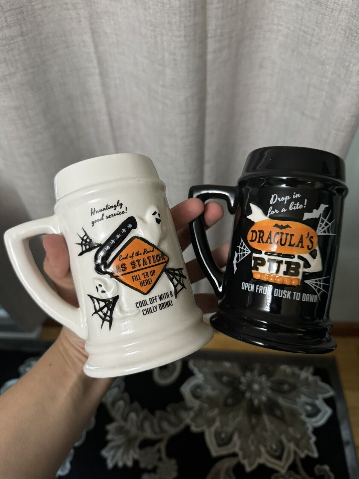 Vintage Style Halloween Mug Steins Dracula & Gas Station Theme