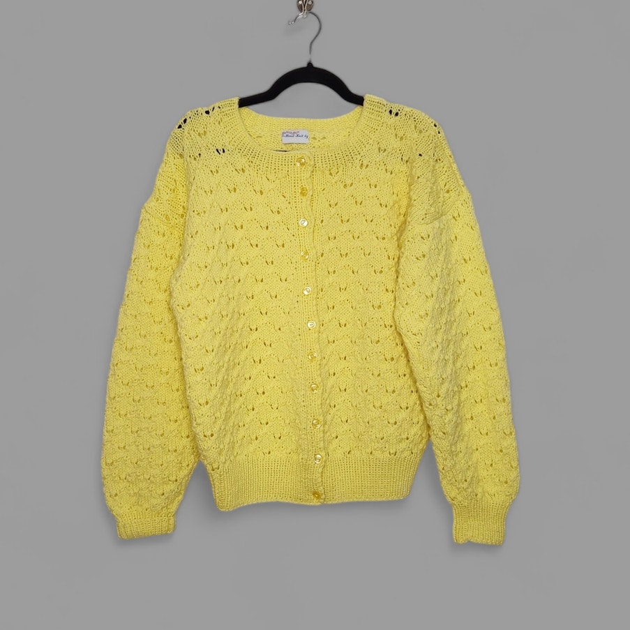 Vintage Handmade Knit Cardigan Sweater Yellow Button Crochet Grandma Shirt VTG