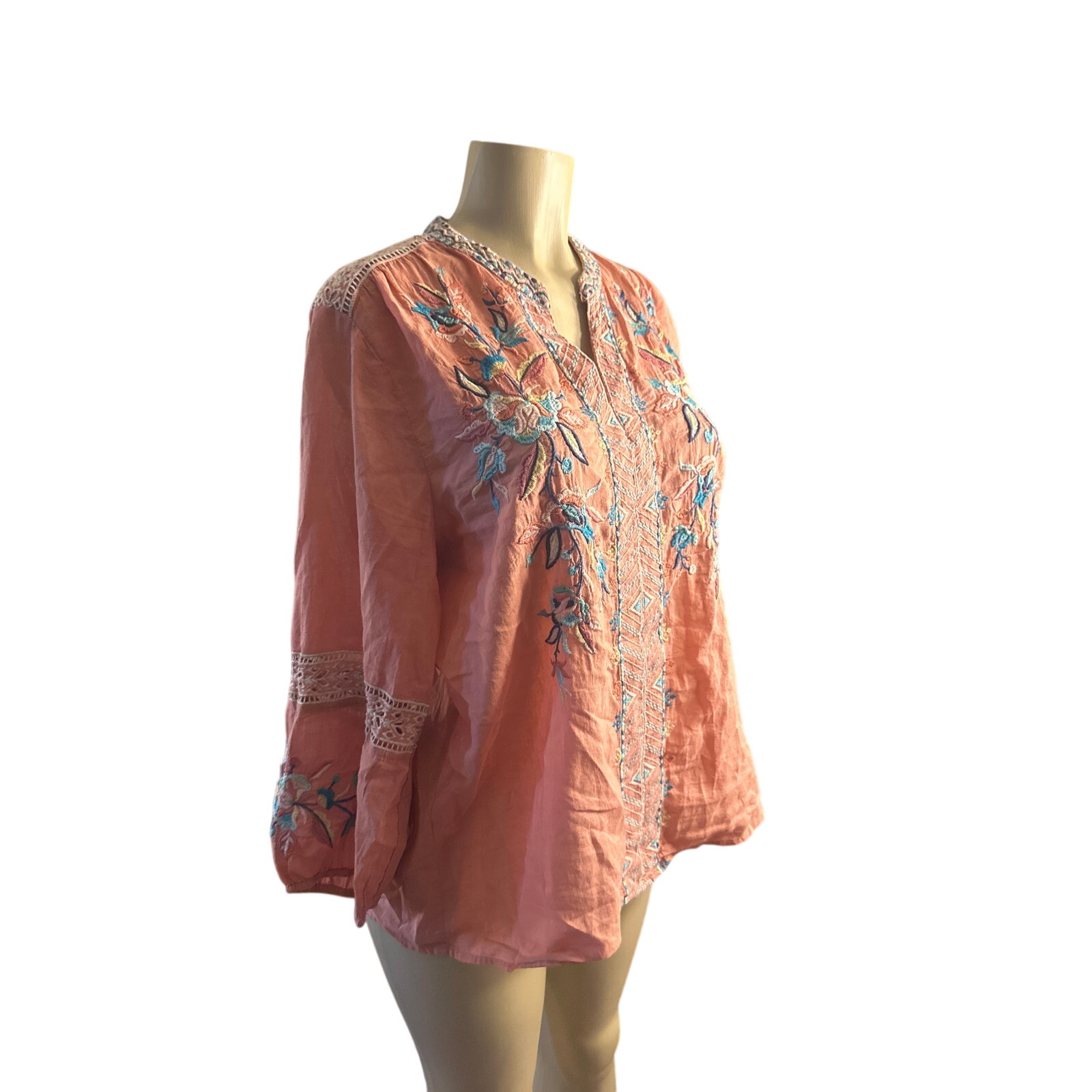 Women L Johnny Was Workshop Jazzie Embroidered Floral Blouse Shirt Top Pink
