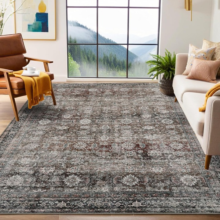 New 4x6 Vintage Washable Area Rug, Non-Slip Low Pile Carpet for Home - Red Green
