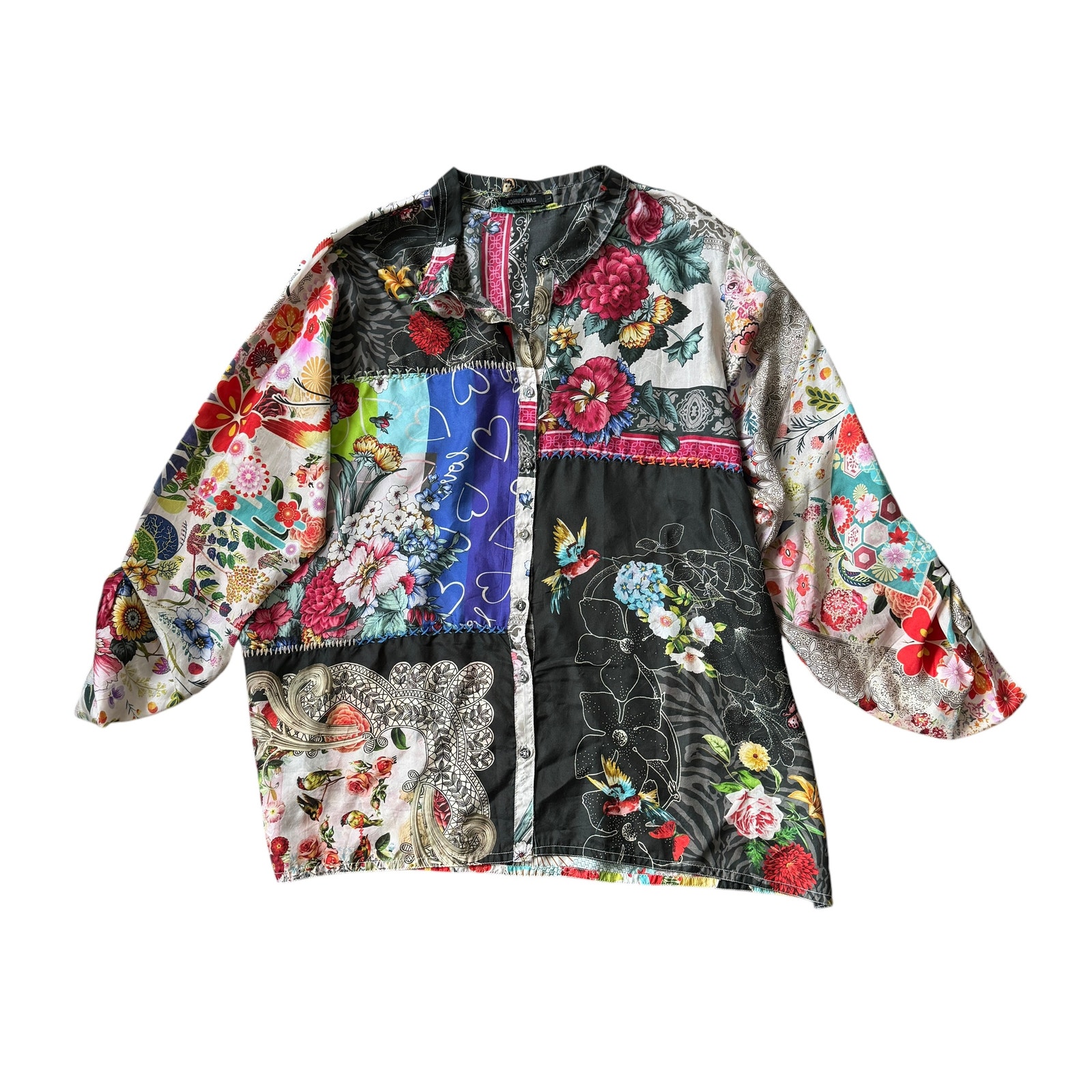 Johnny Was Zippy Julia Button Up Patchwork Silk Blouse