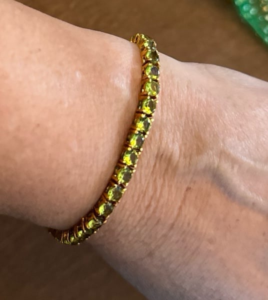 STERLING GREEN APPLE PERIDOT SEMI PRECIOUS TENNIS BRACELET 925 GOLD PLATED 7.5”