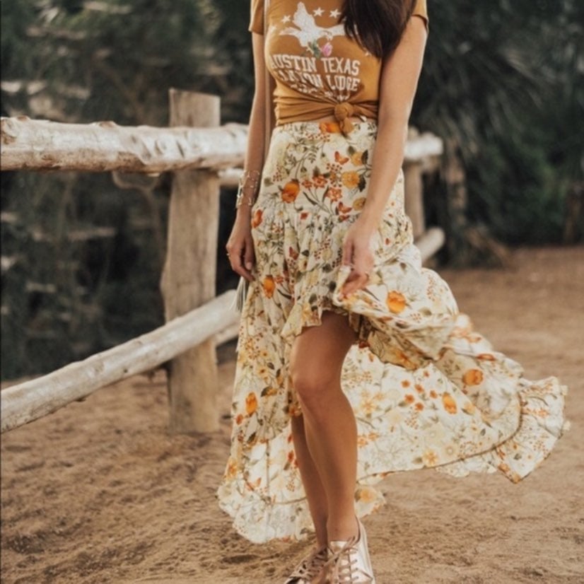 Spell & the Gypsy Sunflower Frill Split Maxi Slit Skirt Yellow size Small