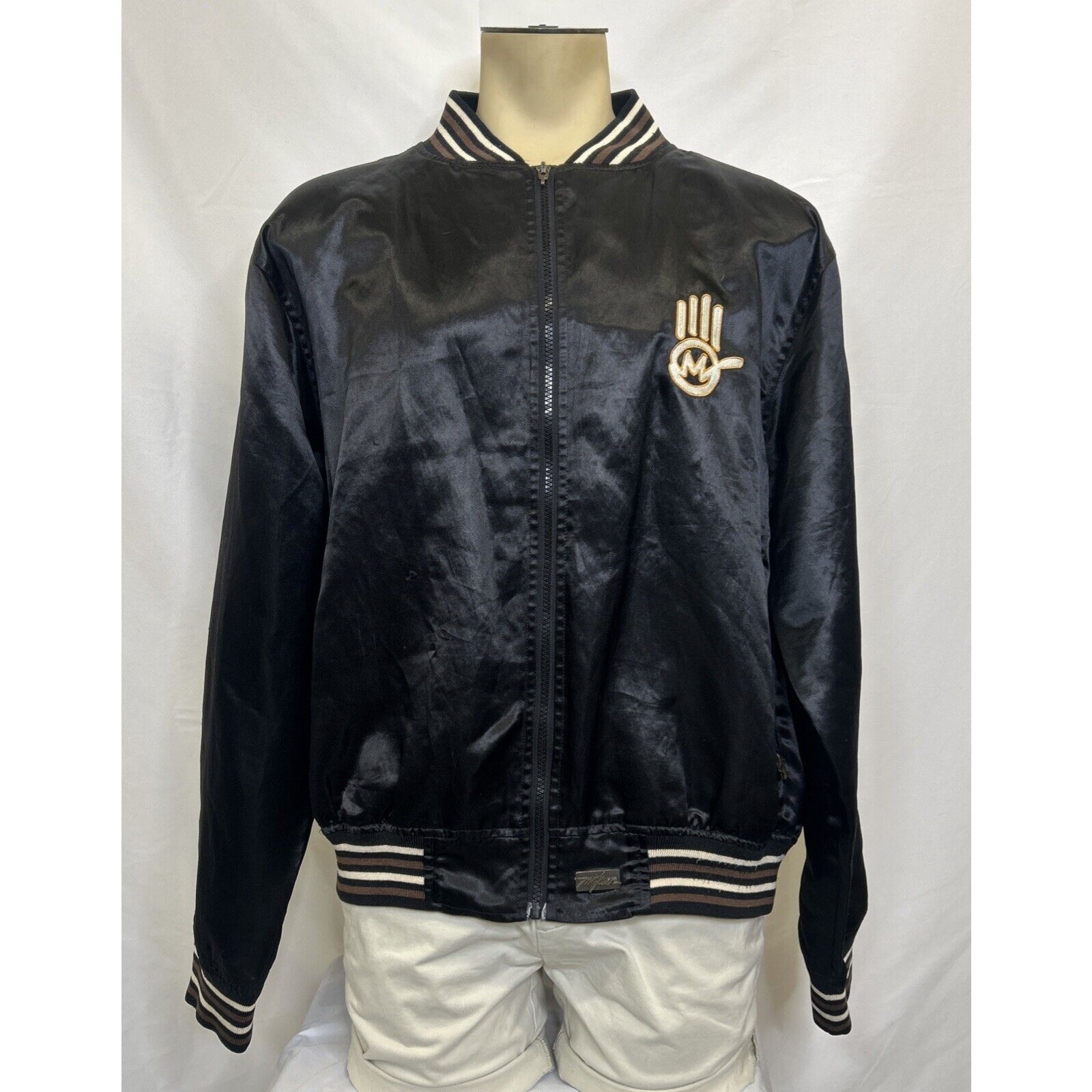 Miskeen Originals Black Satin Bomber Jacket Size 2XL Embroidered Bnfts Charity