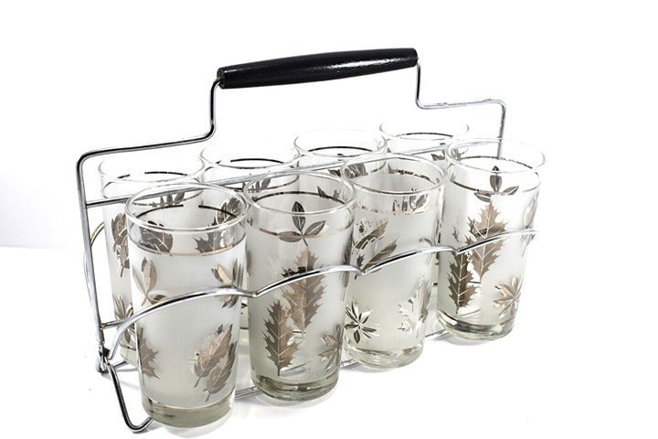 VINTAGE 1965 LIBBEY FROSTED SILVER FOLIAGE PATTERN HIGHBALL COCKTAIL GLASSES