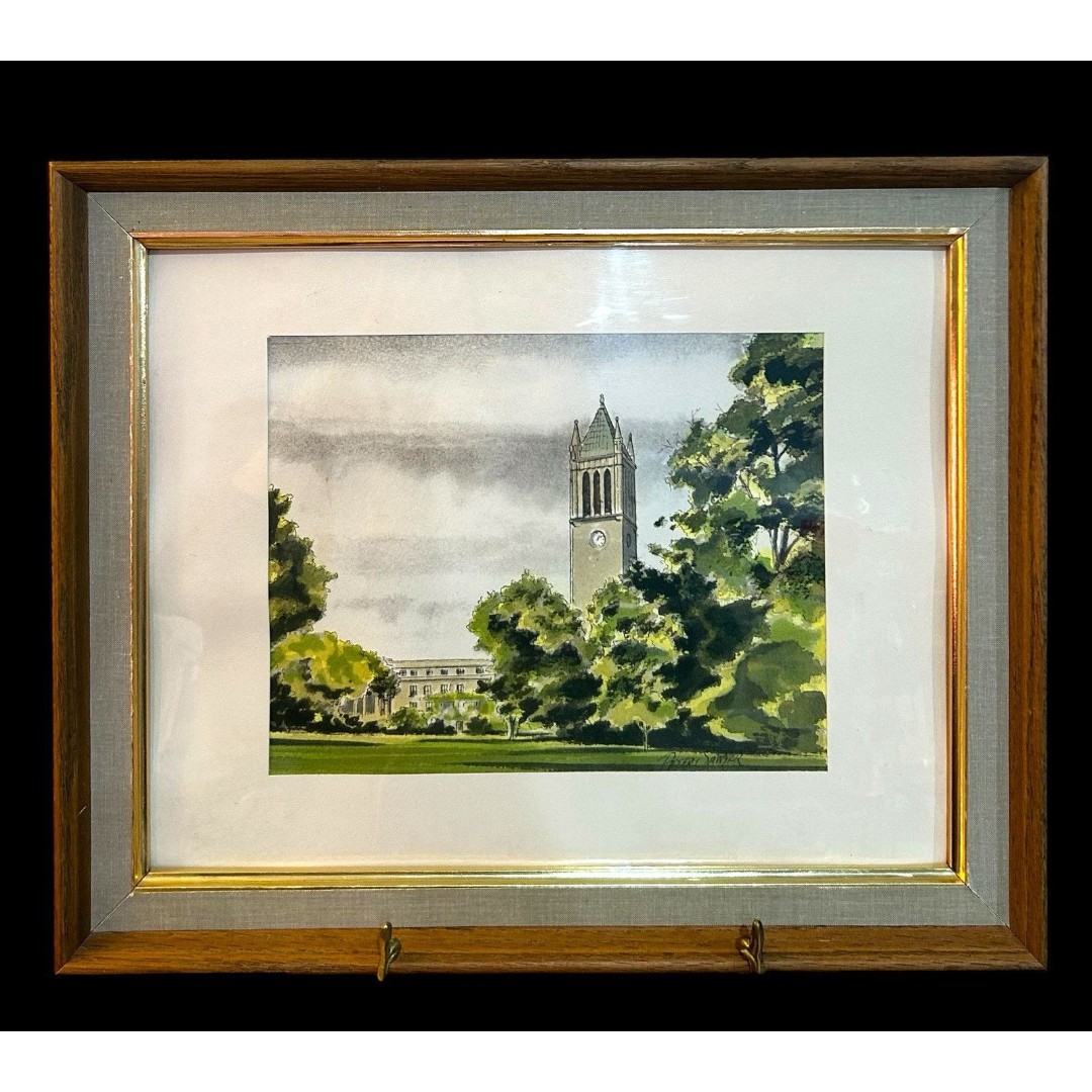 Peter Sawyer Framed Original Watercolor Painting Iowa State Campanile Tower