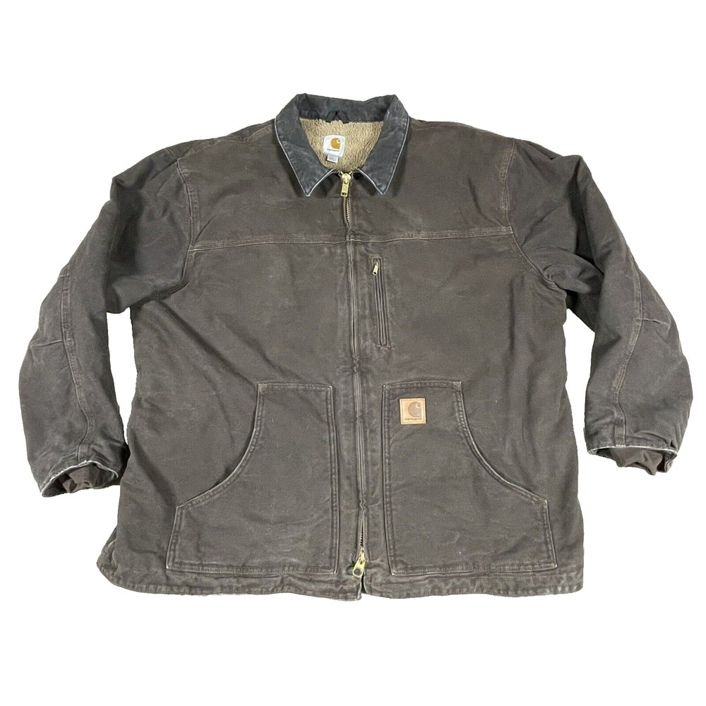 Carhartt Jacket Mens 2XLT 2XL T Tall Brown C61 Canvas Duck Sherpa Lined Faded