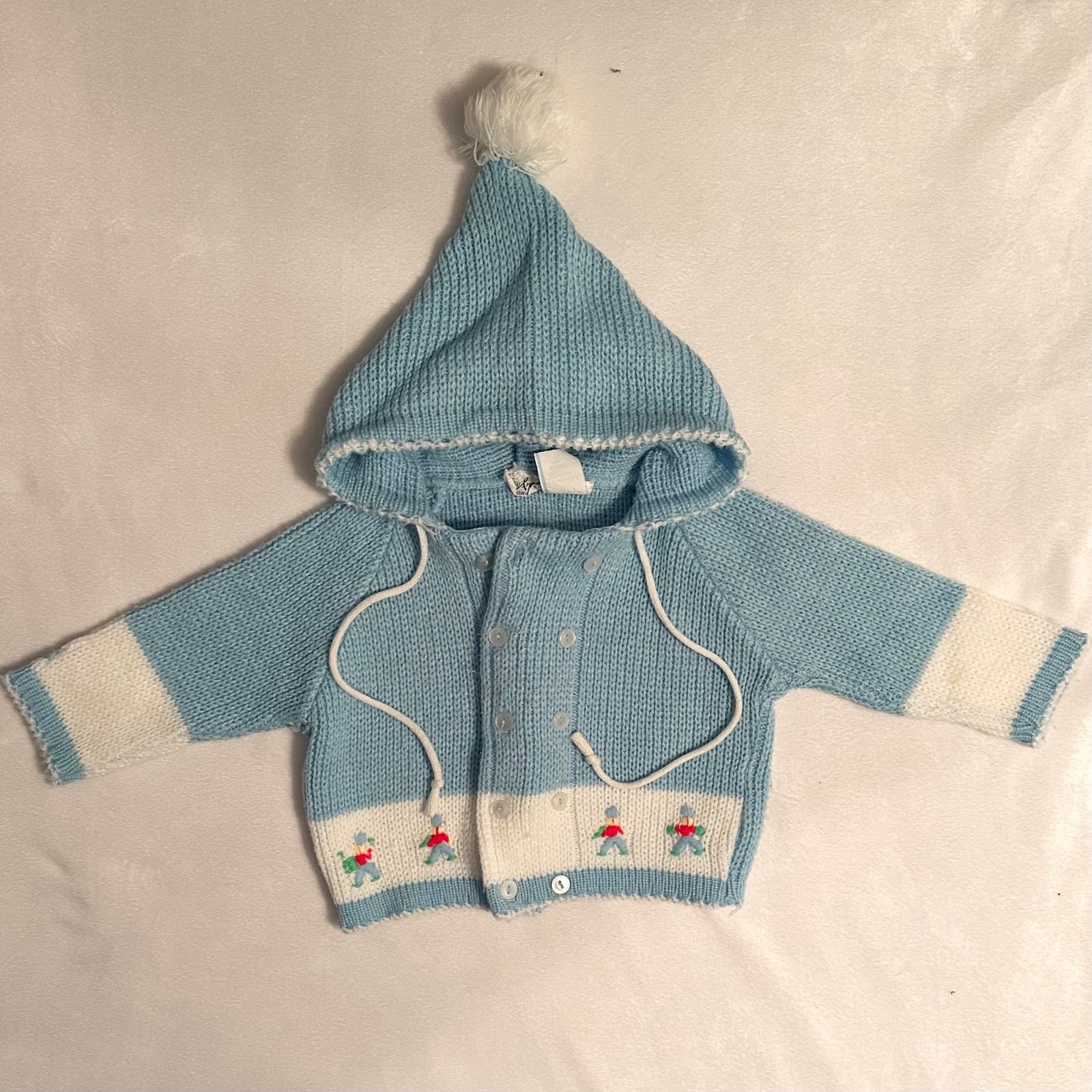 Vintage Little Angel Baby Boy Blue Knit Cardigan Button Hoodie w.Pom 9-12m