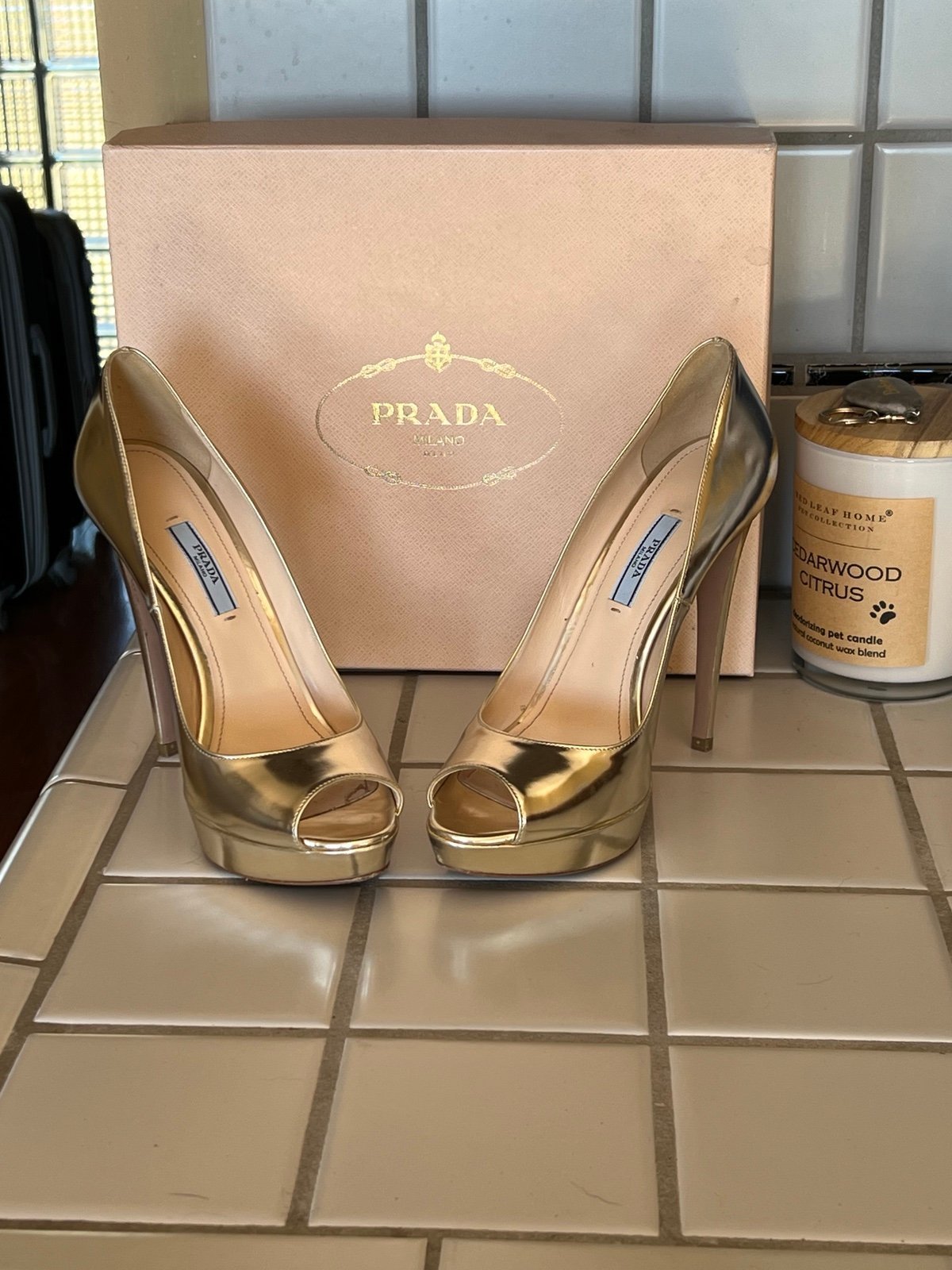 Prada Gold Peep Toe Heels