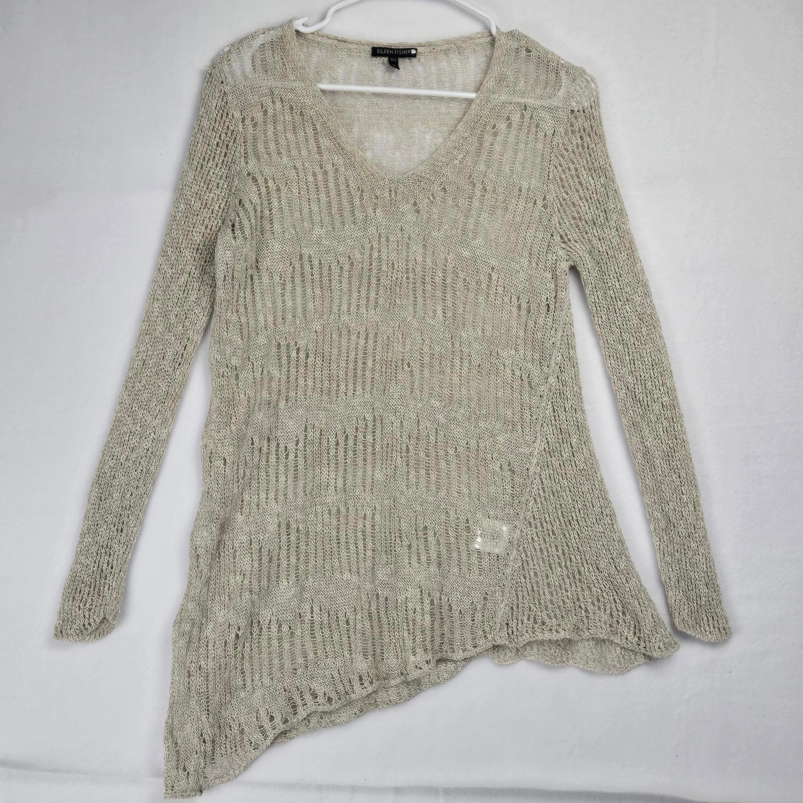 Eileen Fisher Crochet Tunic V-Neck Melange Linen Cotton Asymmetrical Knit Med