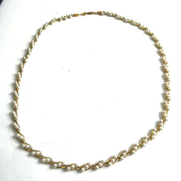 Napier Vintage Gold Tone Chain Braided Faux Pearl Woven Necklace Strand 24 Long