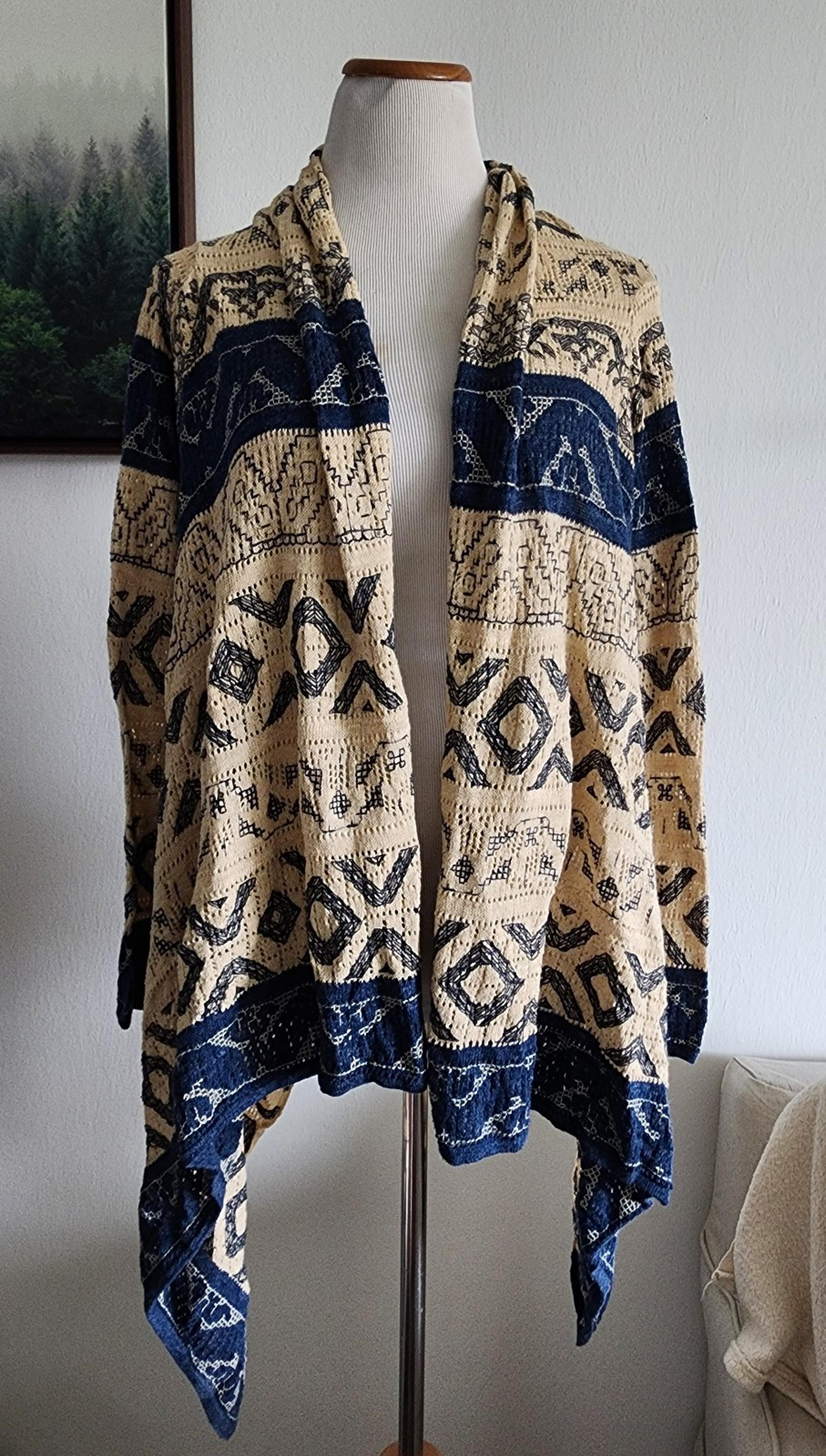 Ralph Lauren Women's Blue & Ivory Knit Open Front Cardigan Sweater Shawl Sz S