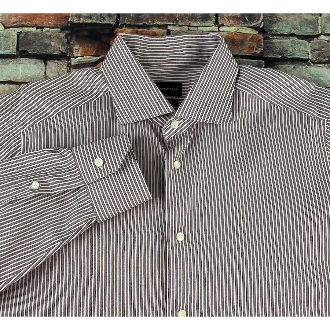 Ermenegildo Zegna Trofeo Striped Button Up Dress Shirt Maroon Mens 17.5/44 435