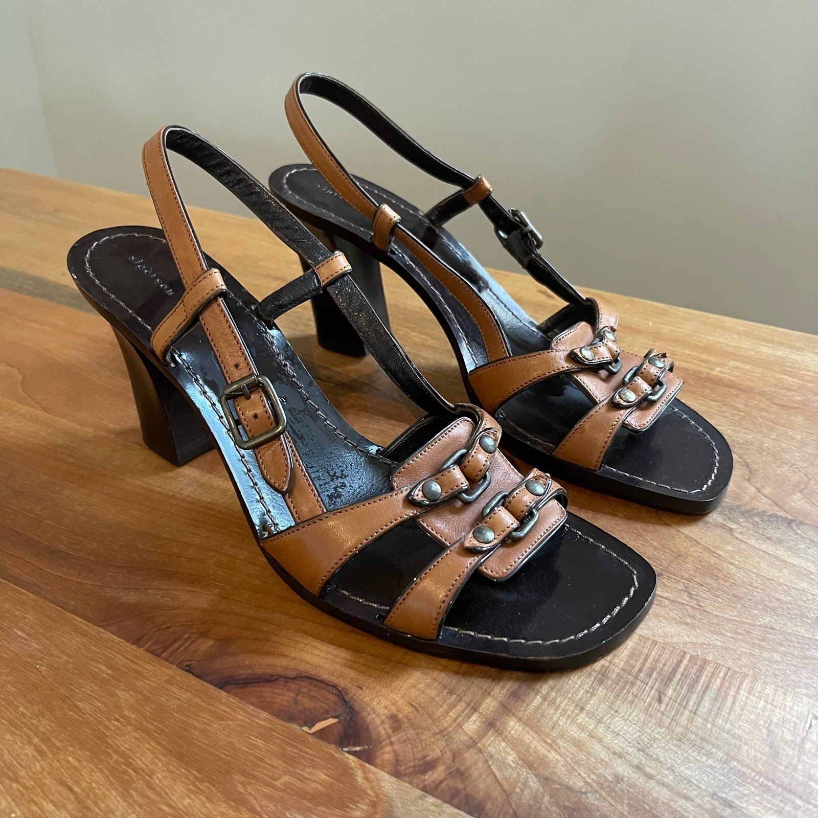 Vintage Y2K Sigerson Morrison High Heel Brown Leather Buckle Sandals Size 9.5