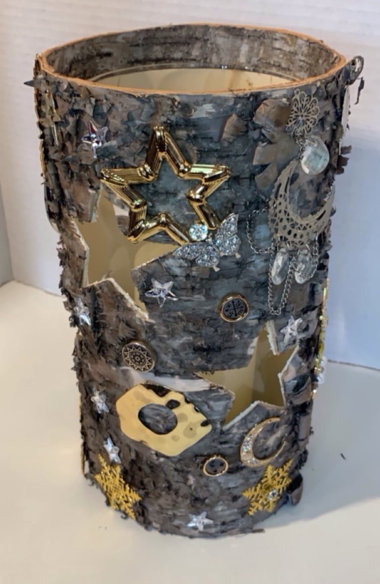 Star Log embellish effect candle holder w glass inner and cut out stars