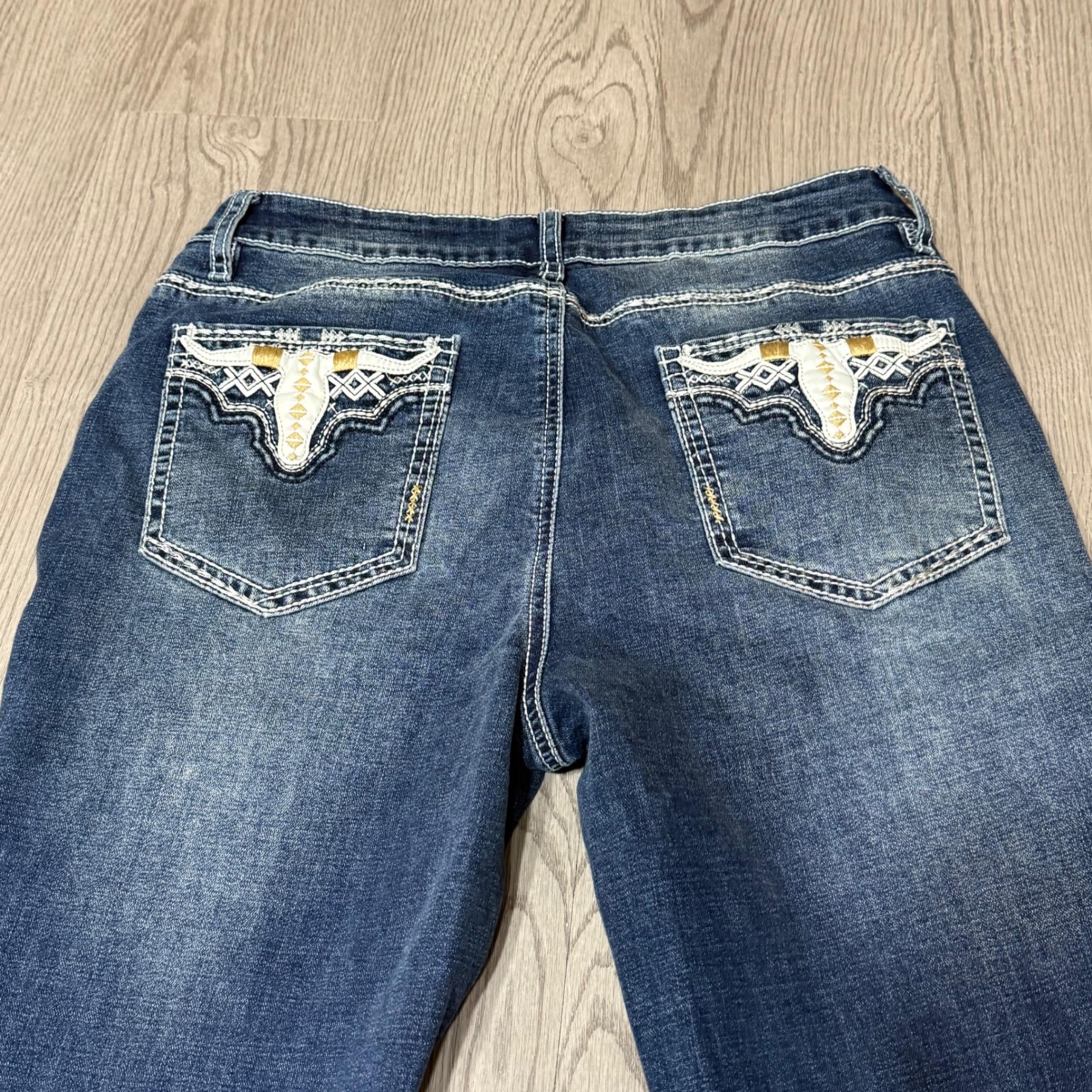 Flamingals Bootcut Jeans Lrg Stretch Western Embroidered Dark Wash Whisker Fade