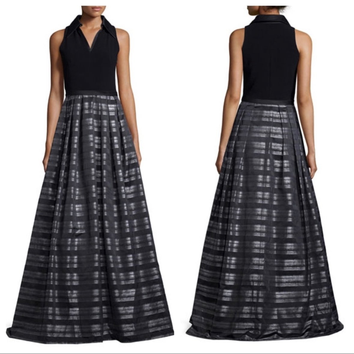 Theia Stripe Jacquard Full Ball Gown Sz 14 Black Silver Maxi Dress Event Gala
