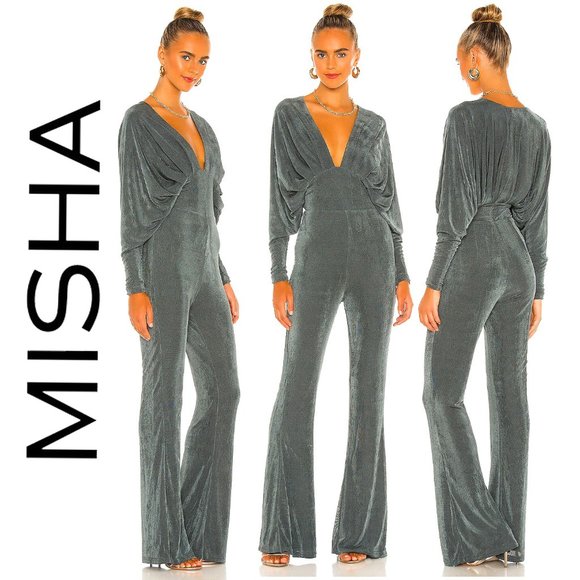 BREATHTAKING! Revolve MISHA Nicolette Draped Flare Pantsuit in Forest