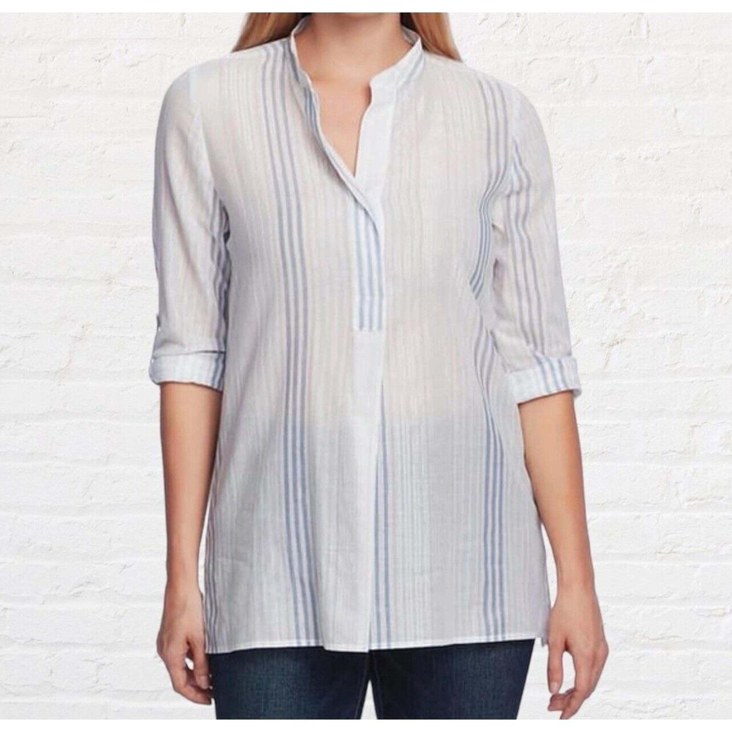 Vince Camuto Roll Tab Sleeve Blouse Women's Medium Blue Silver Stripe Tunic Top