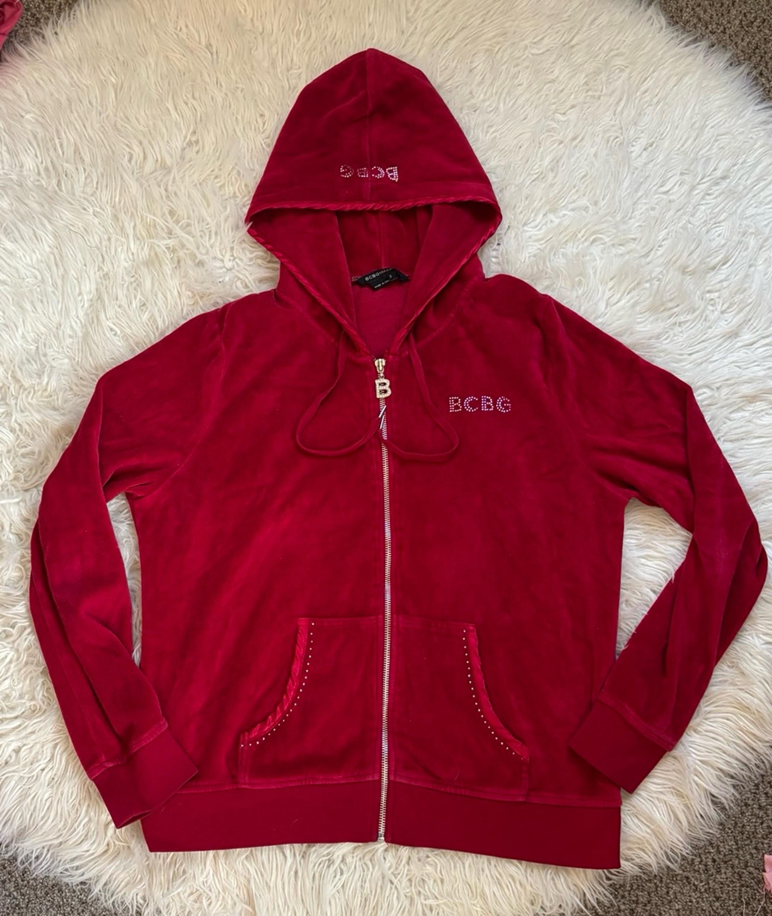 Red Velour Y2K BCBG Rhinestone Full Zip Hoodie