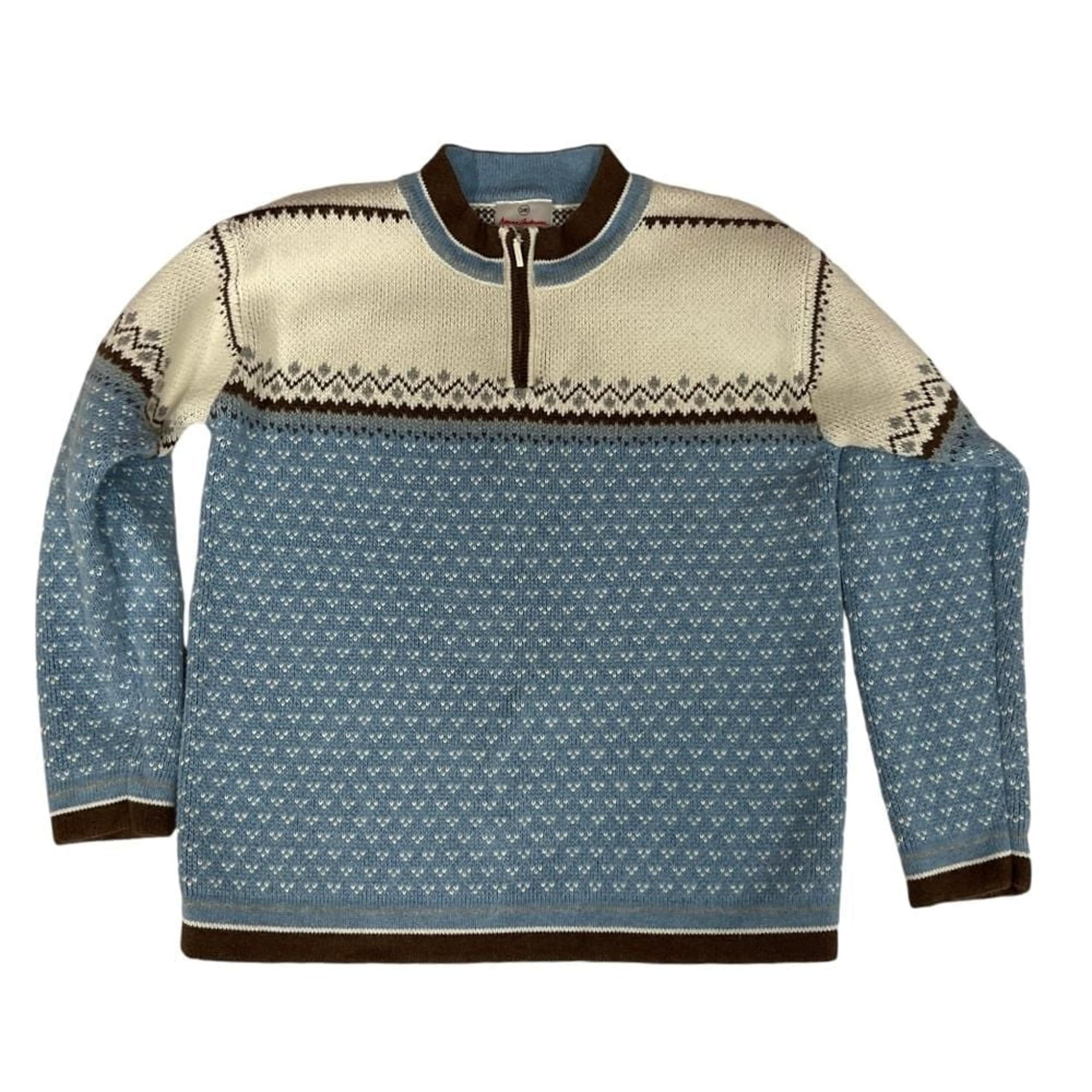 Hanna Andersson Nordic Fair Isle Quarter Zip Sweater  Blue Cream Brown Size 140