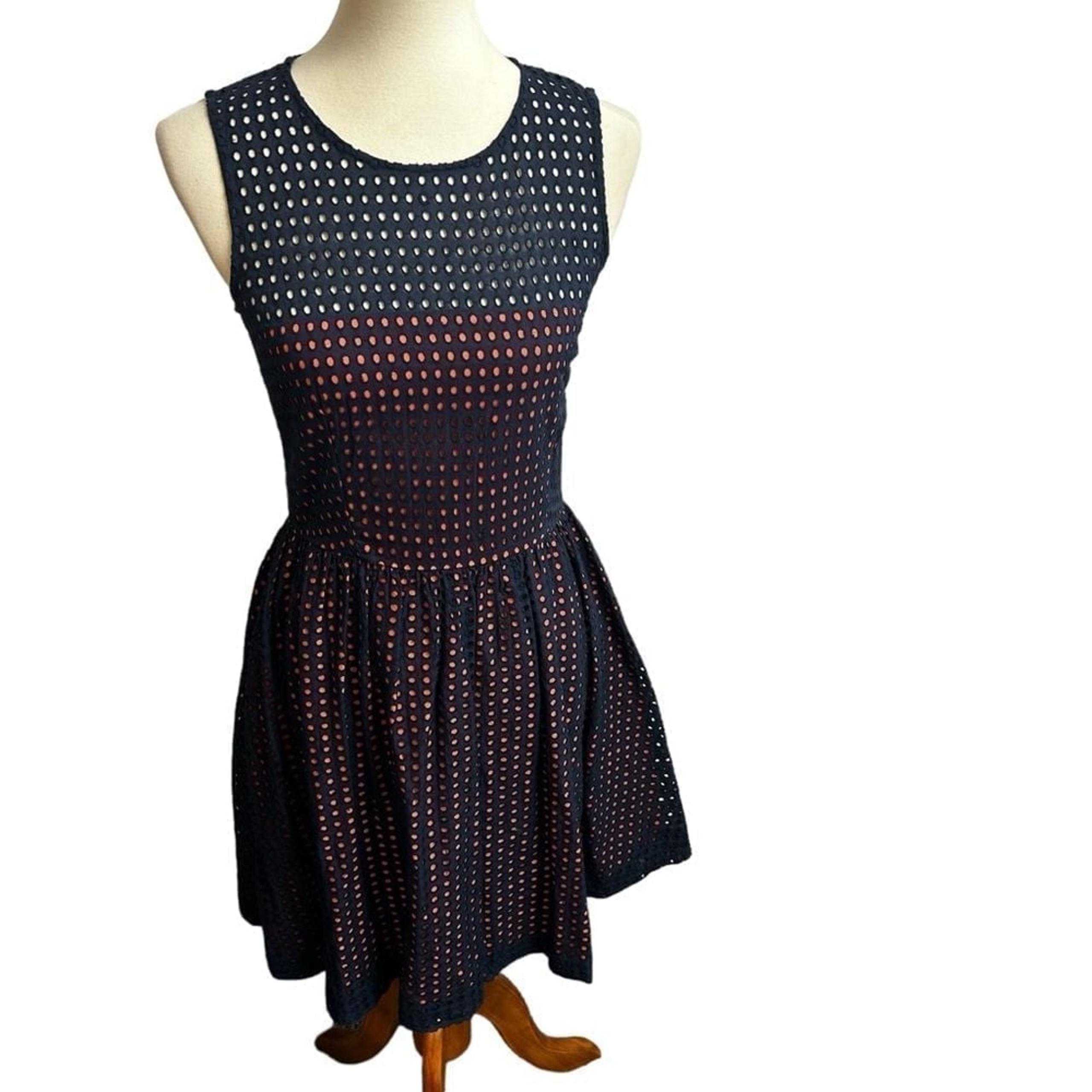 French connection womens dark blue/orange eyelet midi a line sleeveless dress  4