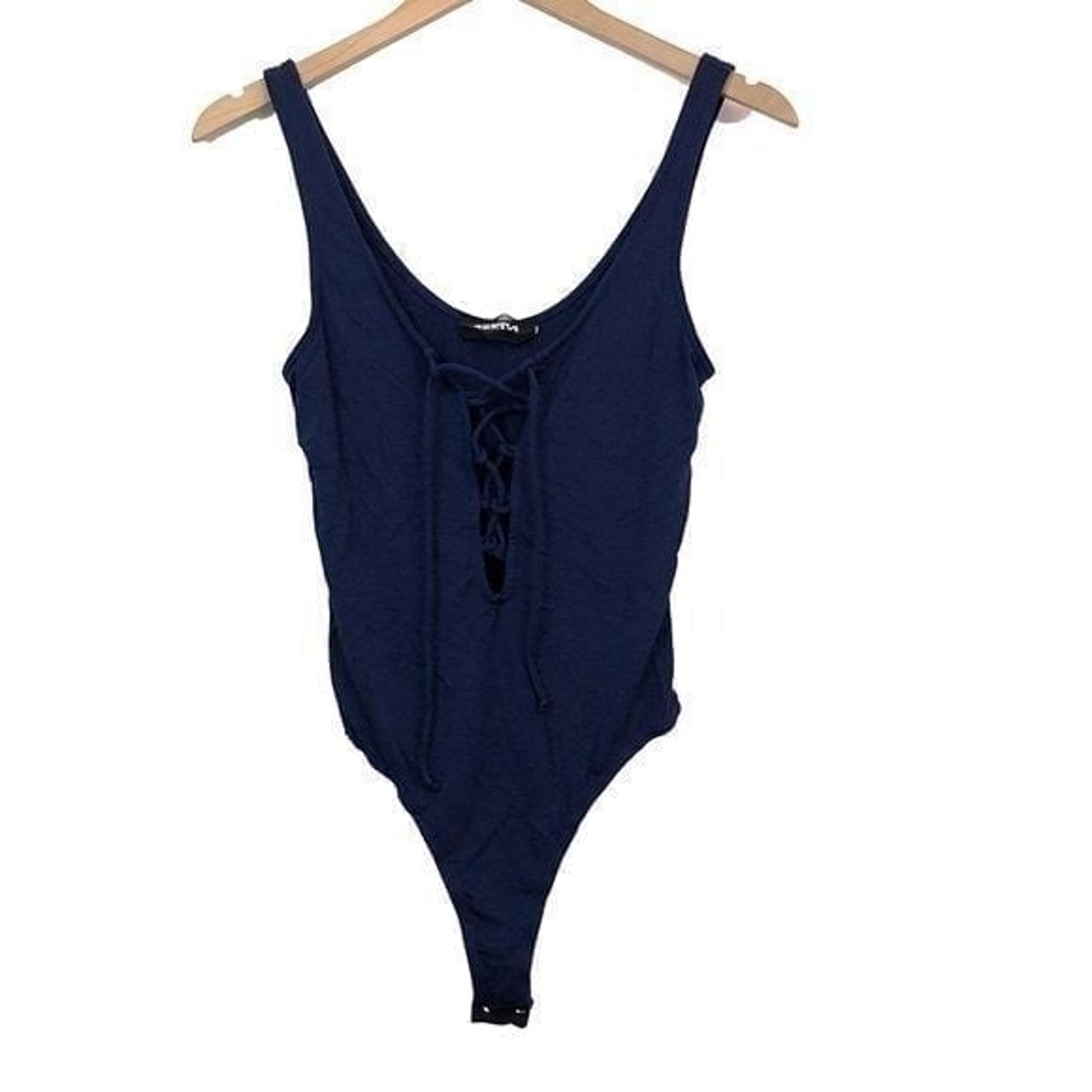 4SI3NNA Solid Navy Blue Sleeveless Lace Up Tie Rayon Blend Bodysuit Top Small S