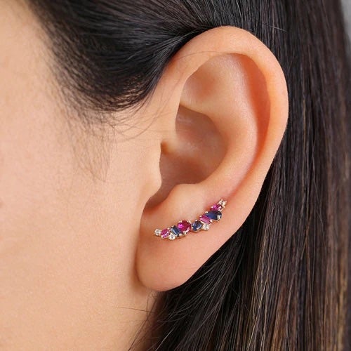 14K Solid Gold Stone Medley Blue Sapphire, Ruby, & Clear CZ Earrings
