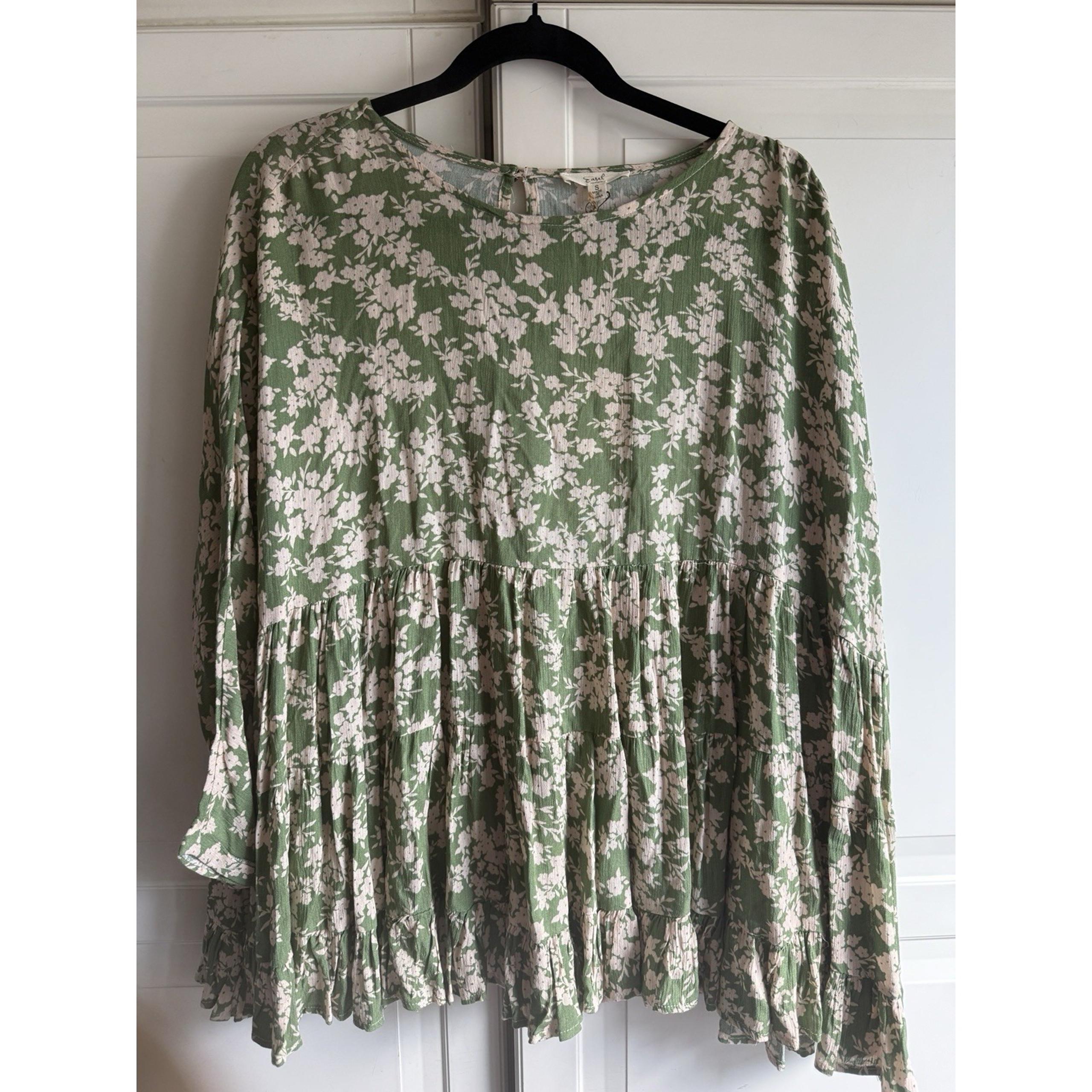Easel Blouse Anthropologie Womens Small Boho Green Cream Tiered Flowy Top New
